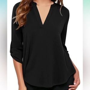 Womens V Neck Black Blouse Rolled Sleeves Work Office Tunic Top